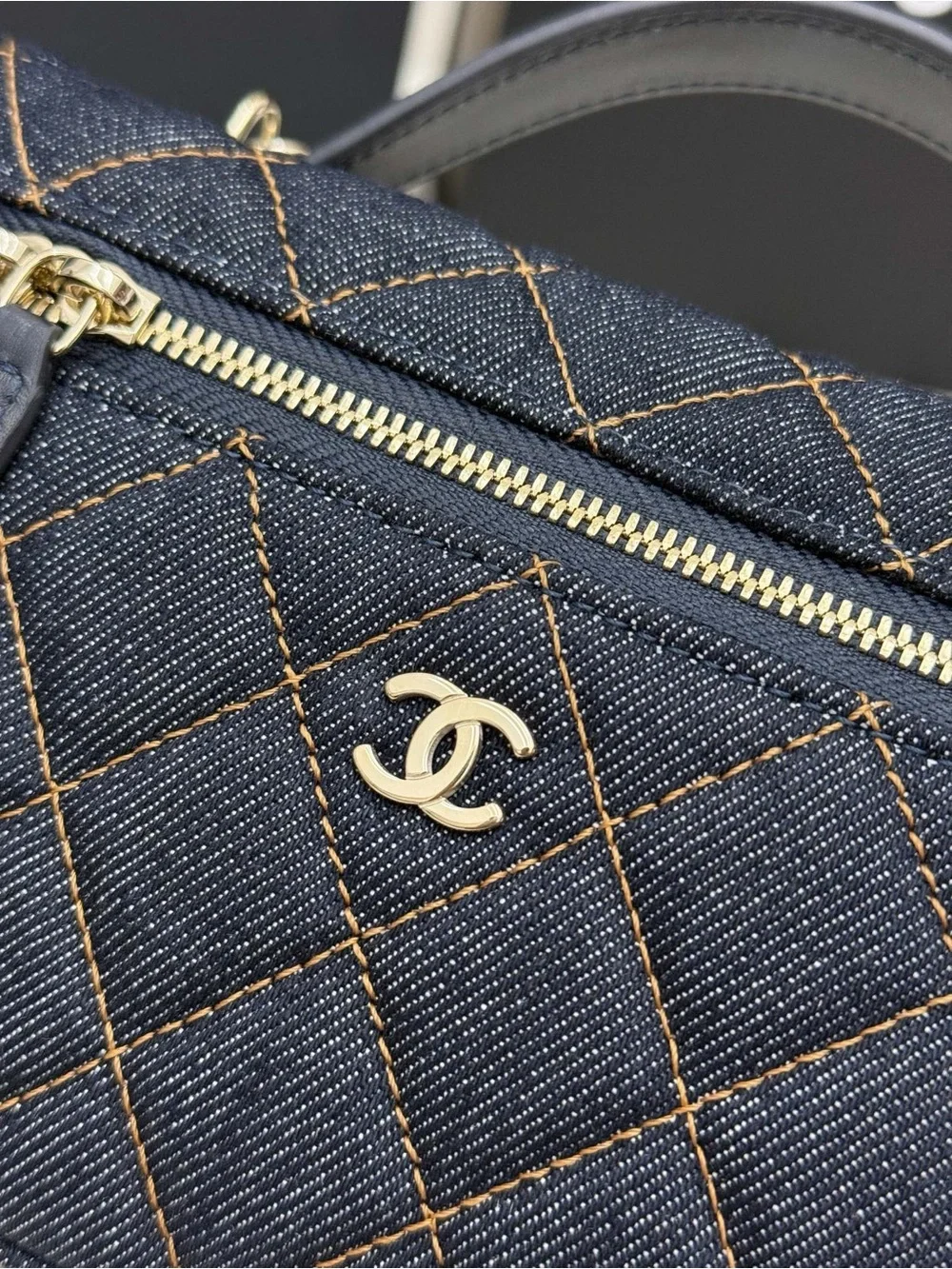 CHANEL Navy Quilted Denim Vanity Crossbody with Gold Hardware